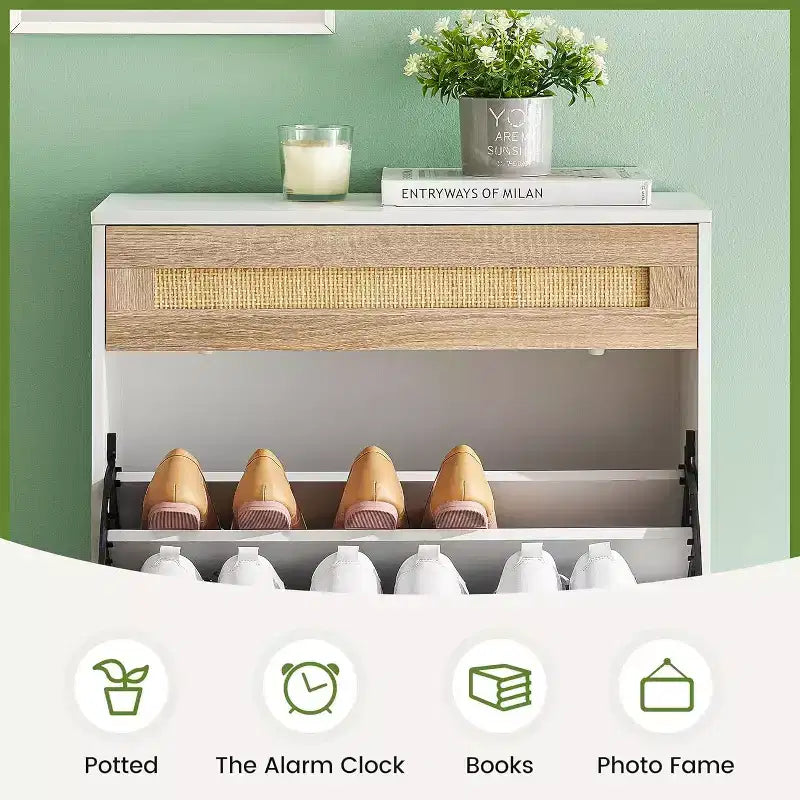 Meuble de rangement en rotin naturel avec 2 tiroirs basculants, étagères réglables et pieds en métal, organisateur de chaussures d'entrée fin