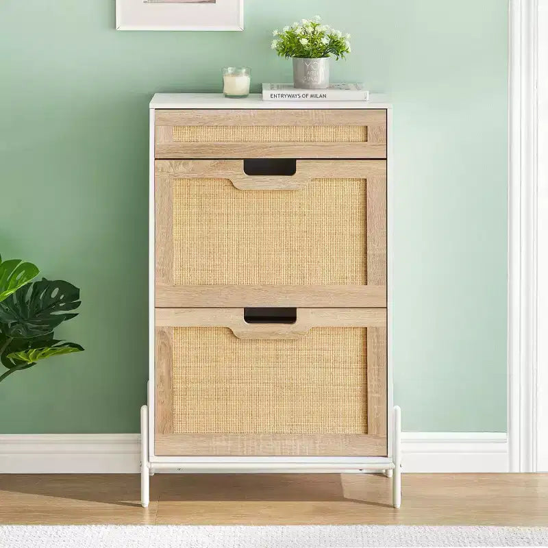 Meuble de rangement en rotin naturel avec 2 tiroirs basculants, étagères réglables et pieds en métal, organisateur de chaussures d'entrée fin