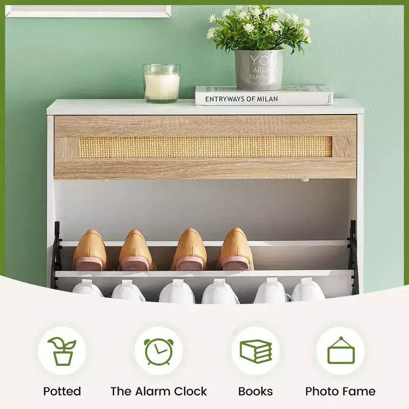 Meuble de rangement en rotin naturel avec 2 tiroirs basculants, étagères réglables et pieds en métal, organisateur de chaussures d'entrée fin