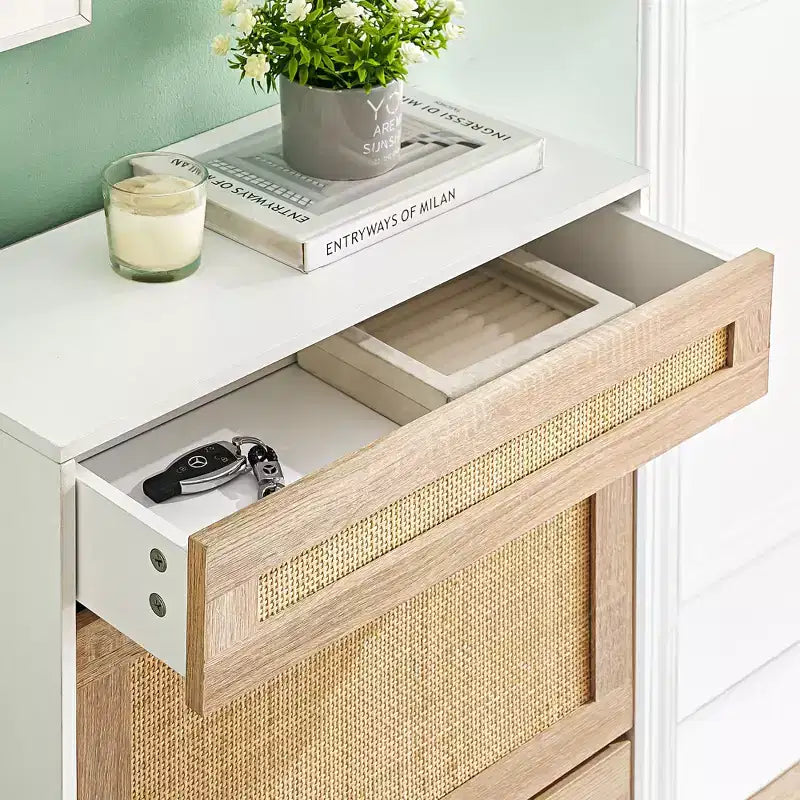 Meuble de rangement en rotin naturel avec 2 tiroirs basculants, étagères réglables et pieds en métal, organisateur de chaussures d'entrée fin