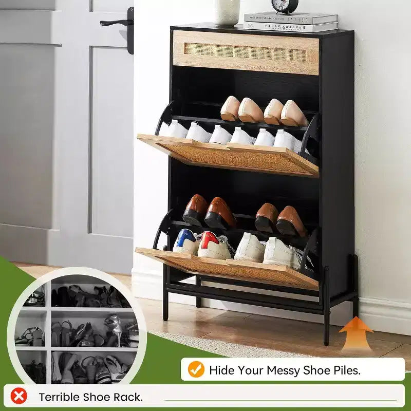 Meuble de rangement en rotin naturel avec 2 tiroirs basculants, étagères réglables et pieds en métal, organisateur de chaussures d'entrée fin