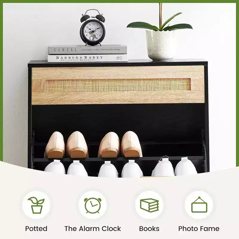 Meuble de rangement en rotin naturel avec 2 tiroirs basculants, étagères réglables et pieds en métal, organisateur de chaussures d'entrée fin