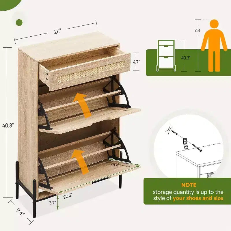 Meuble de rangement en rotin naturel avec 2 tiroirs basculants, étagères réglables et pieds en métal, organisateur de chaussures d'entrée fin