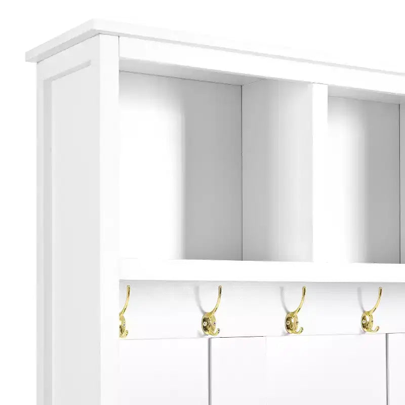 Porte-manteau d'entrée polyvalent 4-en-1 avec 6 crochets dorés, banc imitation bois avec espaces de rangement multiples