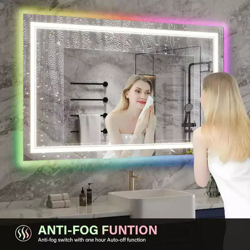 Miroir de salle de bain avec rétroéclairage à couleur changeante et lumière avant réglable, fonction anti-buée et mémoire, montage horizontal/vertical