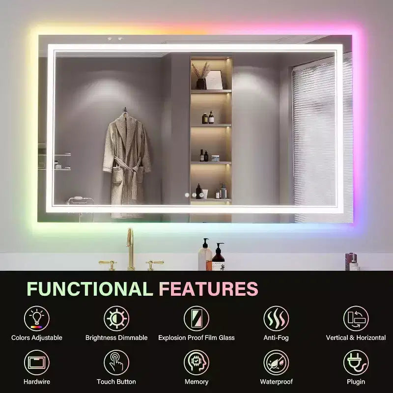 Miroir de salle de bain avec rétroéclairage à couleur changeante et lumière avant réglable, fonction anti-buée et mémoire, montage horizontal/vertical