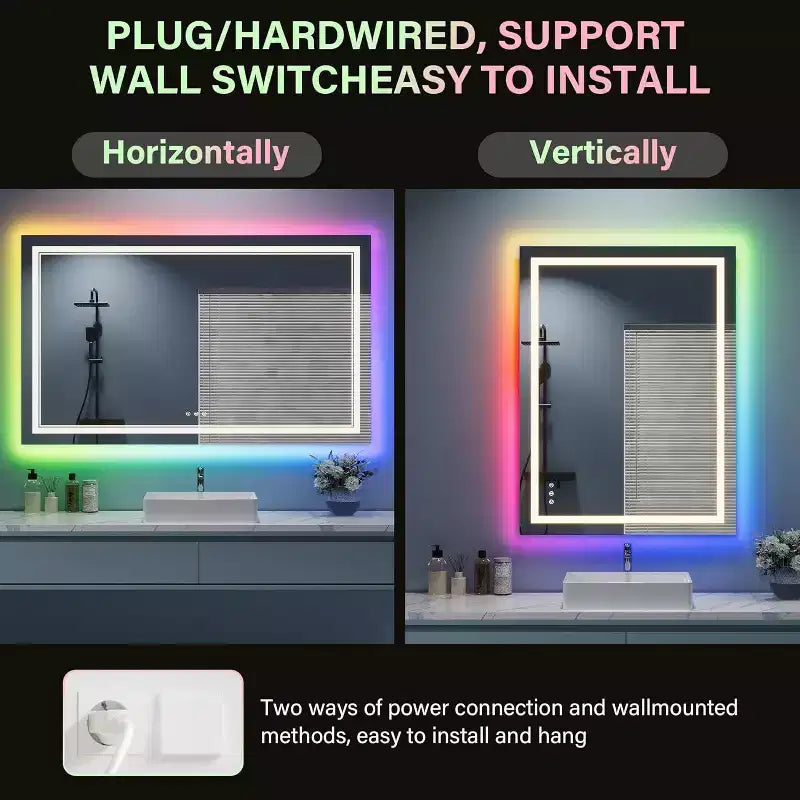 Miroir de salle de bain avec rétroéclairage à couleur changeante et lumière avant réglable, fonction anti-buée et mémoire, montage horizontal/vertical