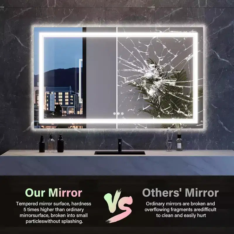 Miroir de salle de bain avec rétroéclairage à couleur changeante et lumière avant réglable, fonction anti-buée et mémoire, montage horizontal/vertical