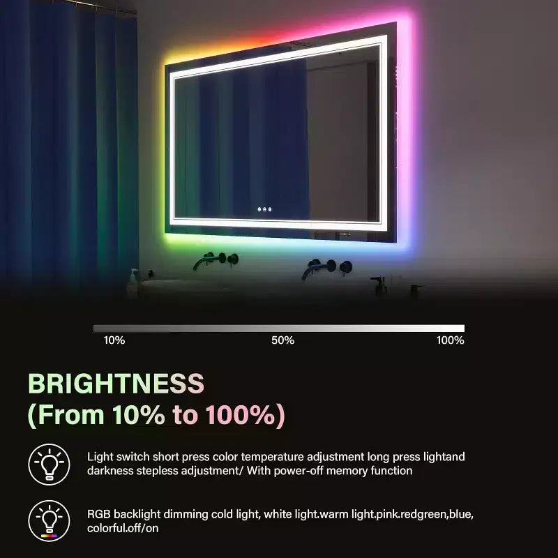 Miroir de salle de bain avec rétroéclairage à couleur changeante et lumière avant réglable, fonction anti-buée et mémoire, montage horizontal/vertical