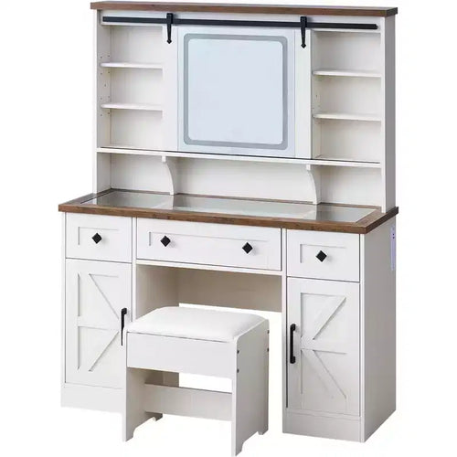 AMERLIFE 47.2 W Farmhouse Makeup Vanity Desk with Sliding Mirror, Antique White