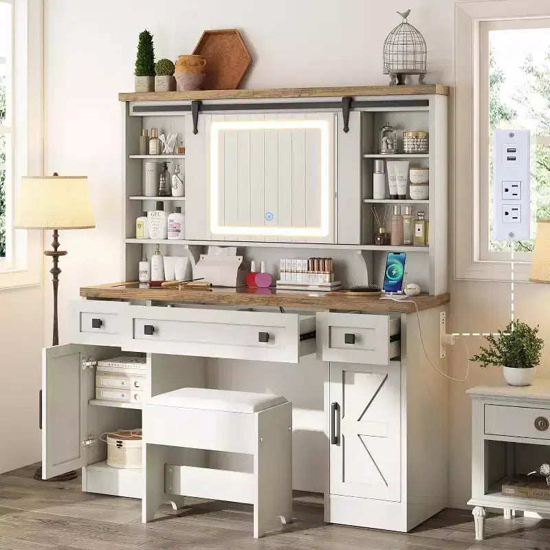 47.2 W Meuble Coiffeuse de Ferme avec Miroir Coulissant, Blanc Antique