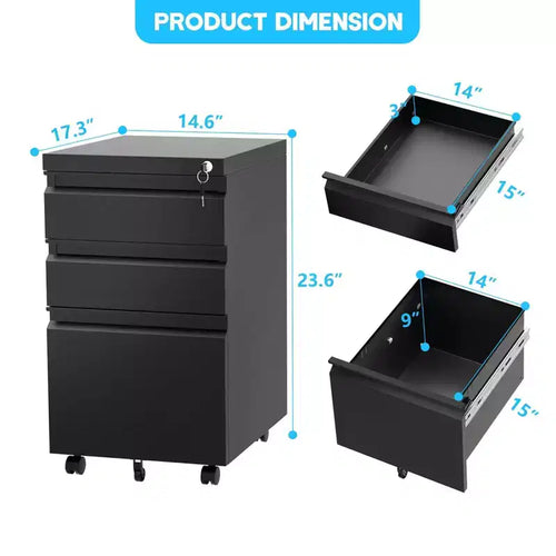 Classeur mobile à 3 tiroirs pour bureau à domicile, rangement sous le bureau avec clés de verrouillage pour dossiers légaux/lettres/A4