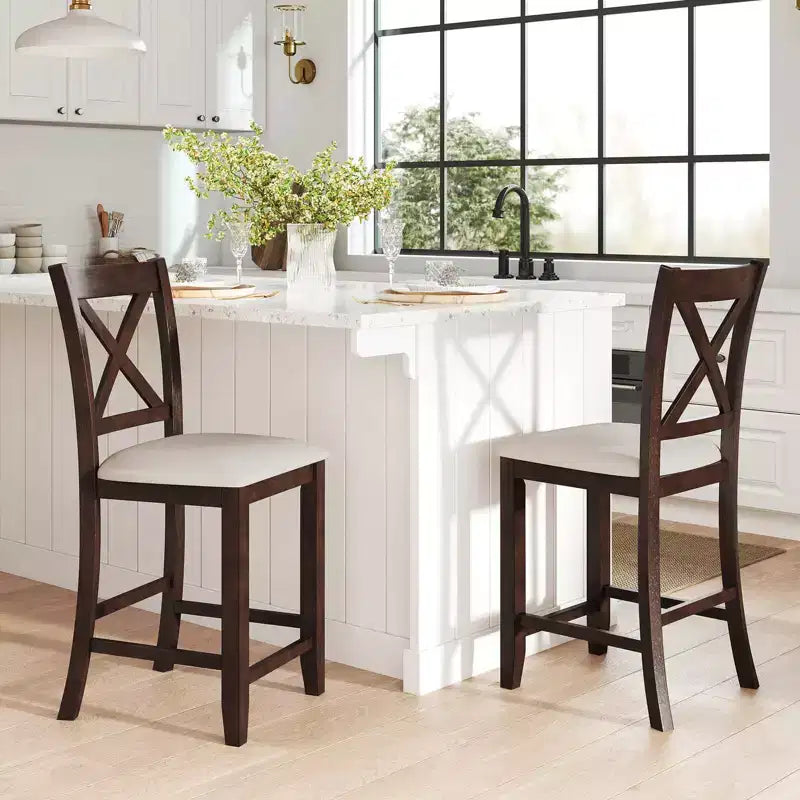 Tabourets de bar en bois d'hévéa /4 avec repose-pieds et coussin en lin confortable