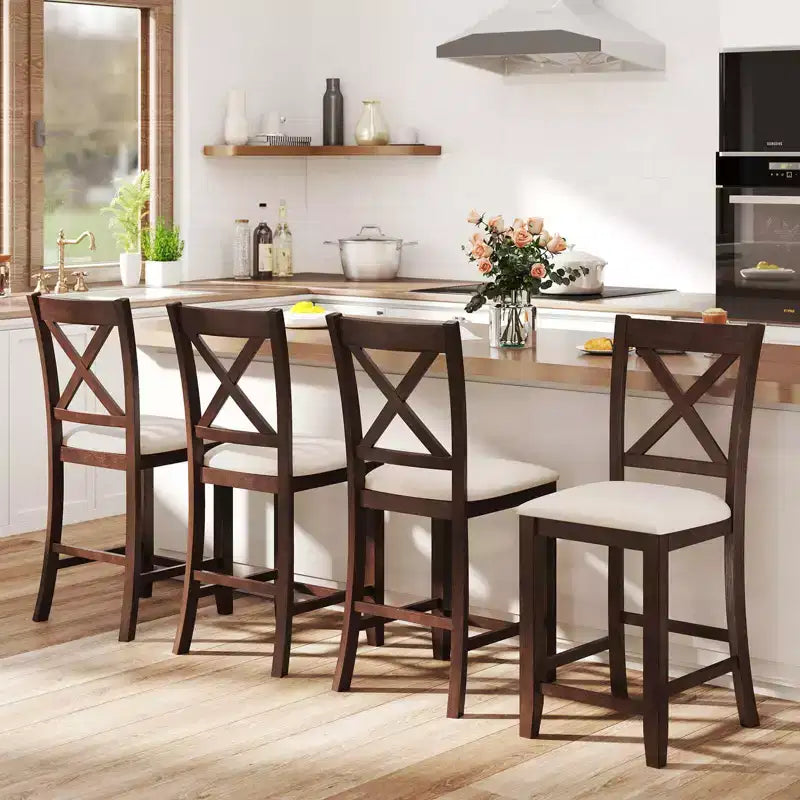 Tabourets de bar en bois d'hévéa /4 avec repose-pieds et coussin en lin confortable