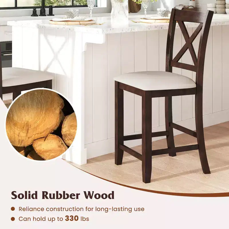Tabourets de bar en bois d'hévéa /4 avec repose-pieds et coussin en lin confortable
