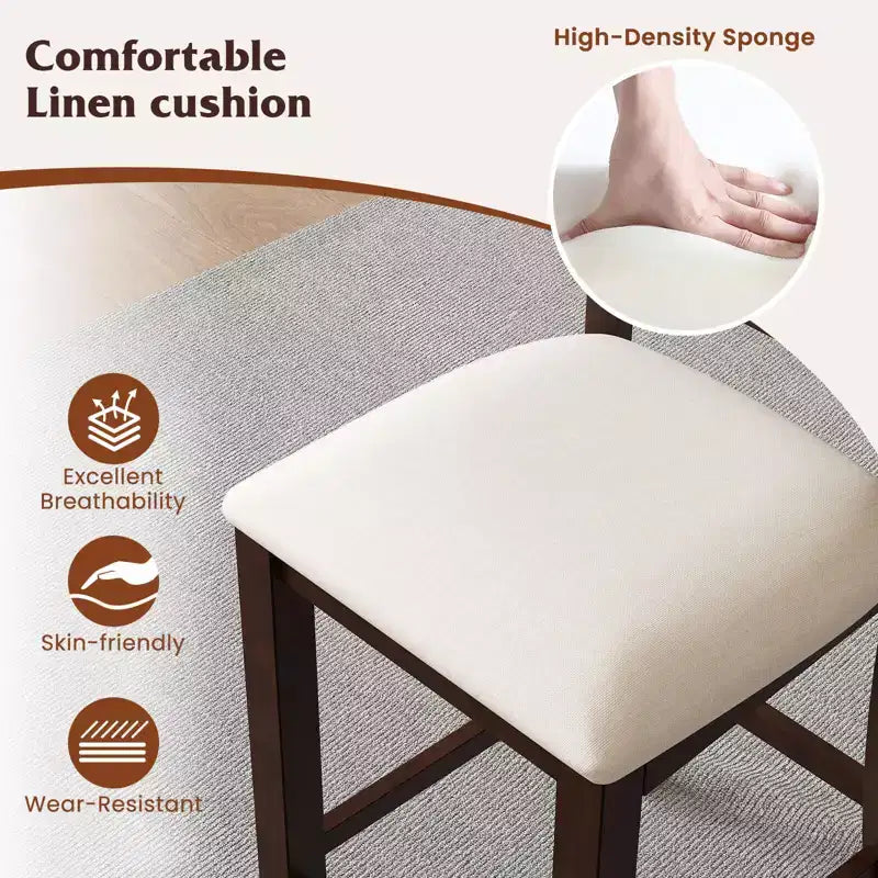 Tabourets de bar en bois d'hévéa /4 avec repose-pieds et coussin en lin confortable