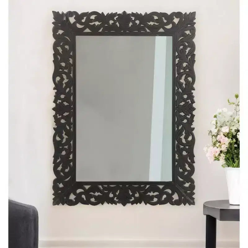 Miroir décoratif encadré en bois massif sculpté motif floral noir 47