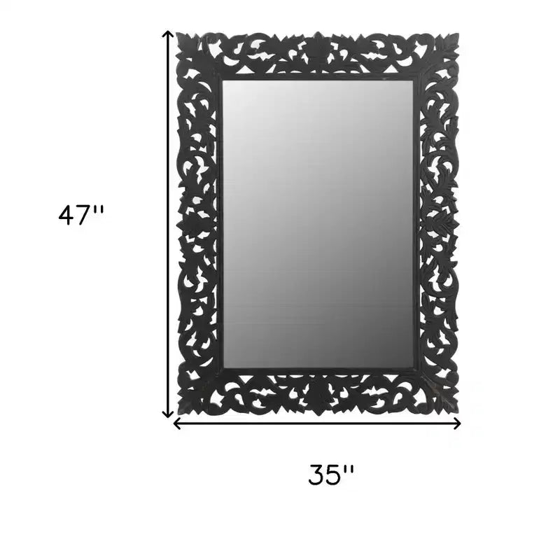 Miroir décoratif encadré en bois massif sculpté motif floral noir 47
