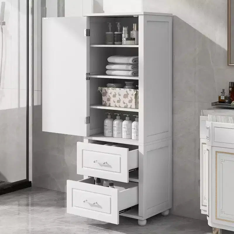 Armoire de rangement de salle de bain sur pied en bois moderne Avery avec tiroirs et étagère réglable