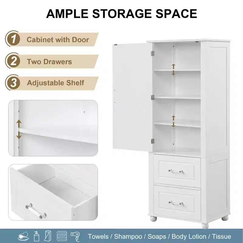 Armoire de rangement de salle de bain sur pied en bois moderne Avery avec tiroirs et étagère réglable
