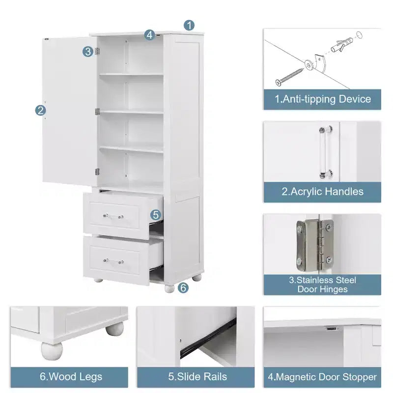 Armoire de rangement de salle de bain sur pied en bois moderne Avery avec tiroirs et étagère réglable