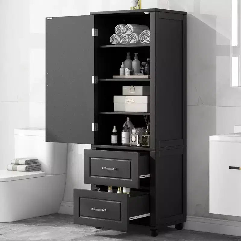 Armoire de rangement de salle de bain sur pied en bois moderne Avery avec tiroirs et étagère réglable