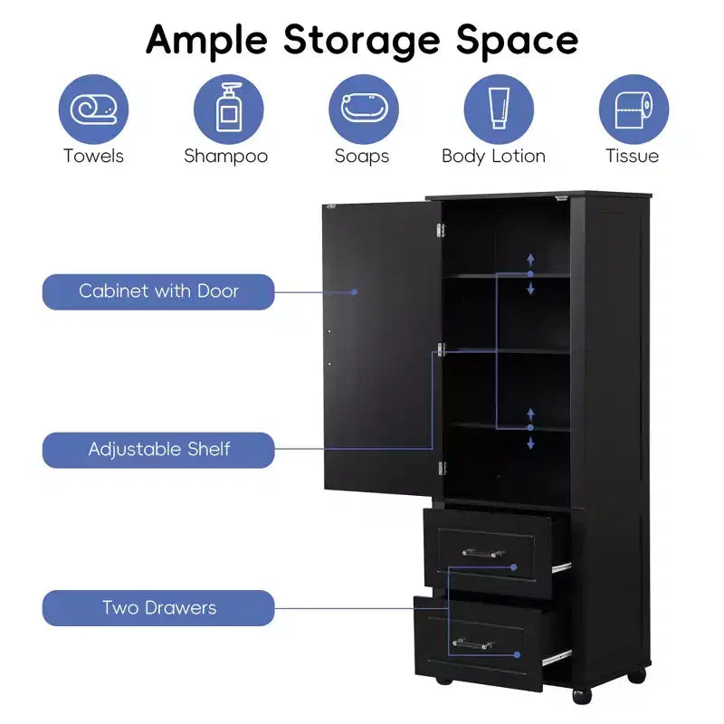 Armoire de rangement de salle de bain sur pied en bois moderne Avery avec tiroirs et étagère réglable