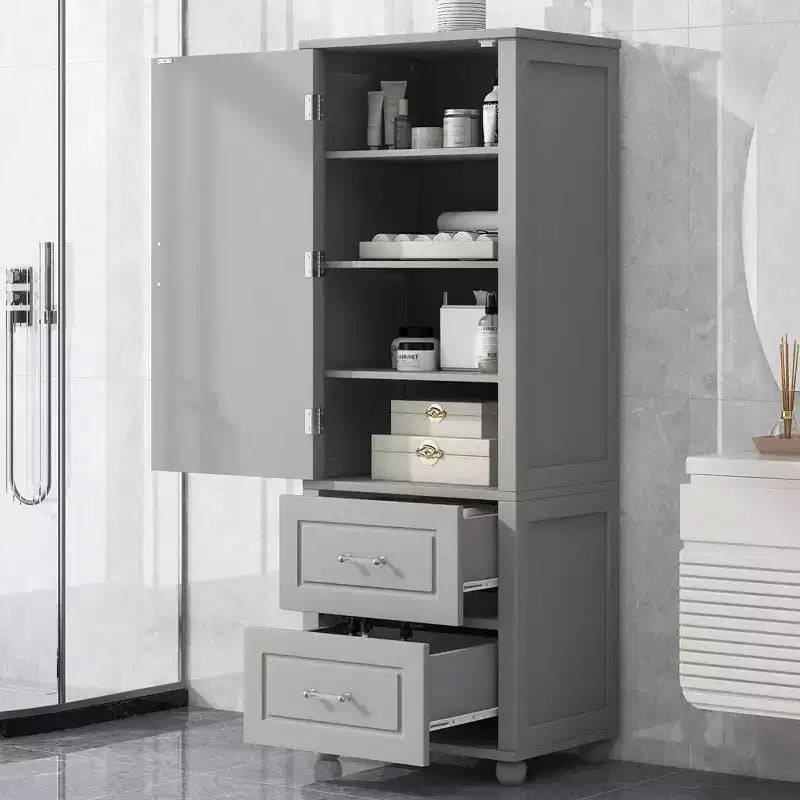 Armoire de rangement de salle de bain sur pied en bois moderne Avery avec tiroirs et étagère réglable