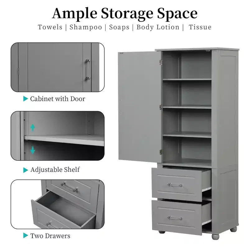 Armoire de rangement de salle de bain sur pied en bois moderne Avery avec tiroirs et étagère réglable