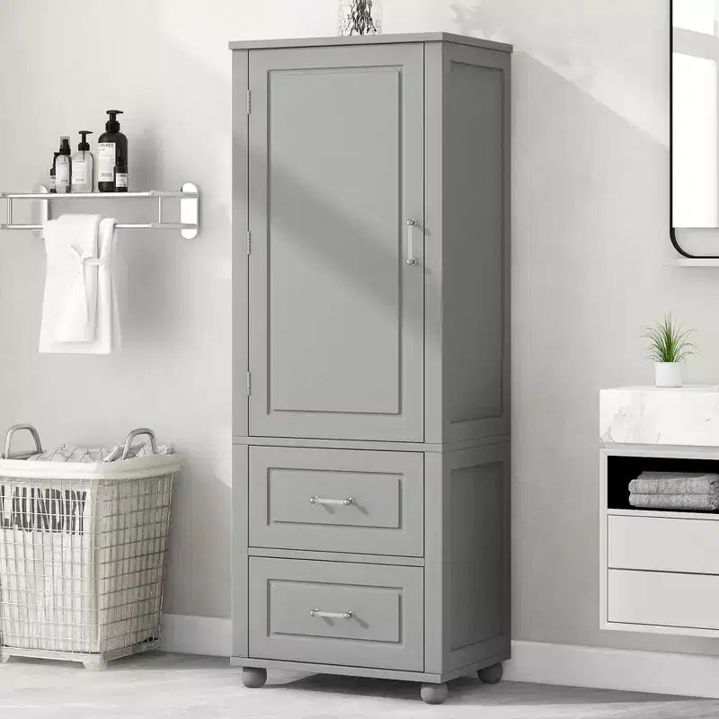 Armoire de rangement de salle de bain sur pied en bois moderne Avery avec tiroirs et étagère réglable