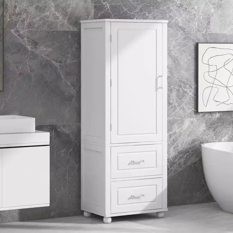 Armoire de rangement de salle de bain sur pied en bois moderne Avery avec tiroirs et étagère réglable
