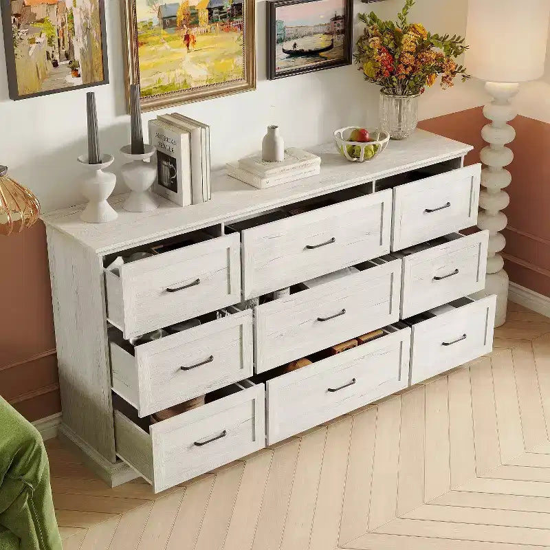Commode de rangement rustique large 9 tiroirs, 180 cm de large, meuble TV de salon, organisateur de chambre à coucher