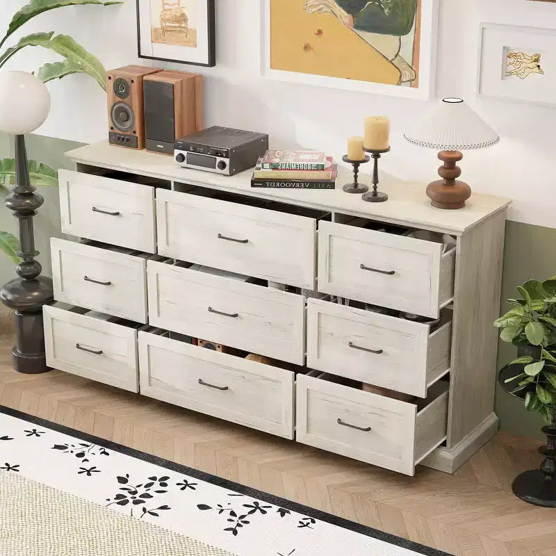 Commode de rangement rustique large 9 tiroirs, 180 cm de large, meuble TV de salon, organisateur de chambre à coucher