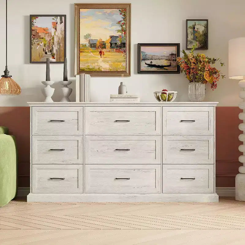 Commode de rangement rustique large 9 tiroirs, 180 cm de large, meuble TV de salon, organisateur de chambre à coucher