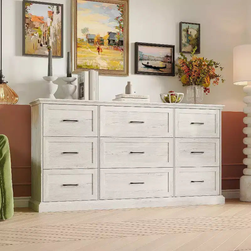 Commode de rangement rustique large 9 tiroirs, 180 cm de large, meuble TV de salon, organisateur de chambre à coucher