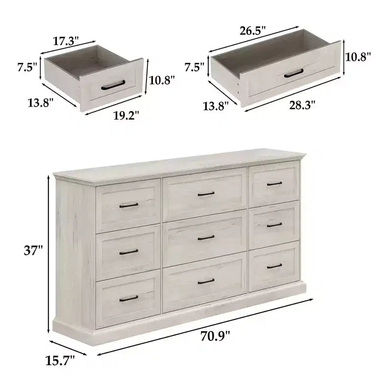 Commode de rangement rustique large 9 tiroirs, 180 cm de large, meuble TV de salon, organisateur de chambre à coucher