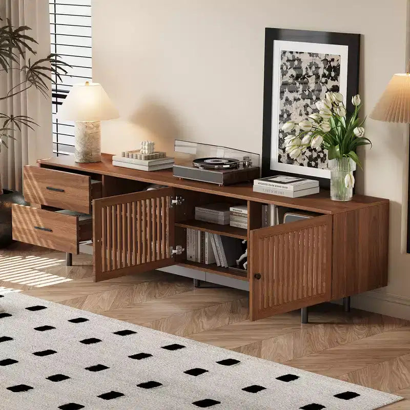 Meuble TV moderne de 78 po pour téléviseurs jusqu'à 85 po, console multimédia avec tiroirs profonds et gestion des câbles, Noyer -