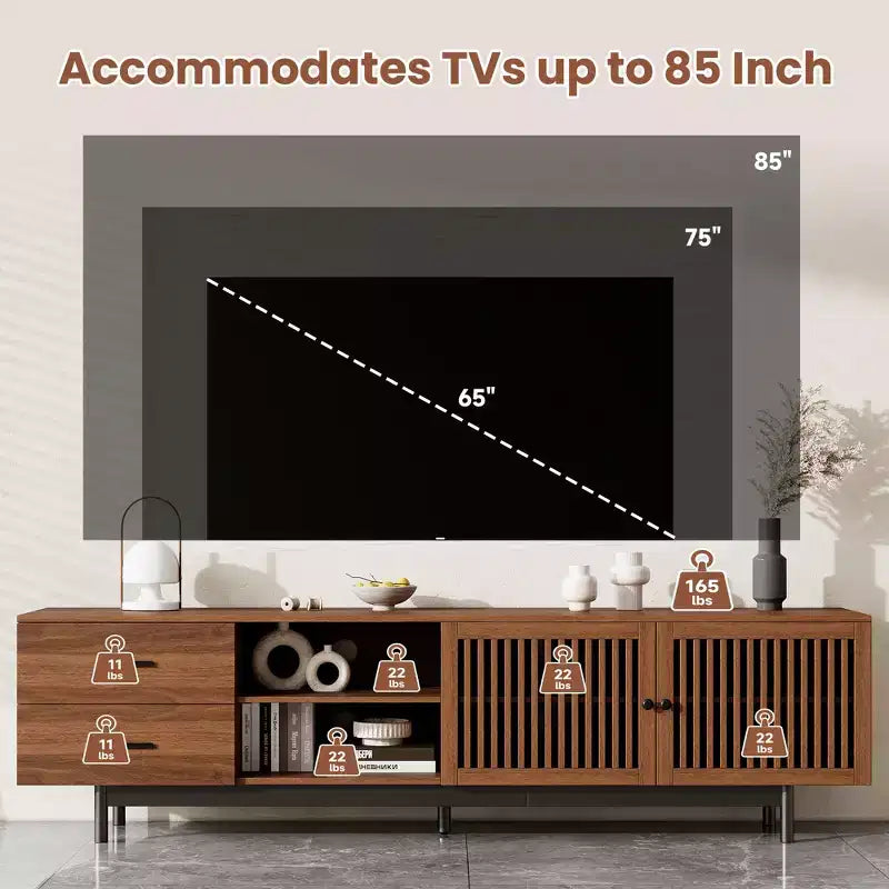 Meuble TV moderne de 78 po pour téléviseurs jusqu'à 85 po, console multimédia avec tiroirs profonds et gestion des câbles, Noyer -