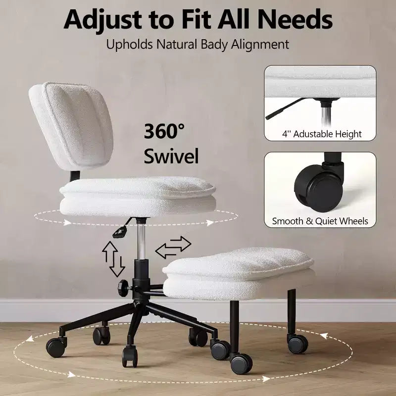 Chaise de bureau jambes croisées avec pouf, chaise de méditation pivotante sans accoudoirs, chaise large criss-cross pour bureau à domicile et coiffeuse