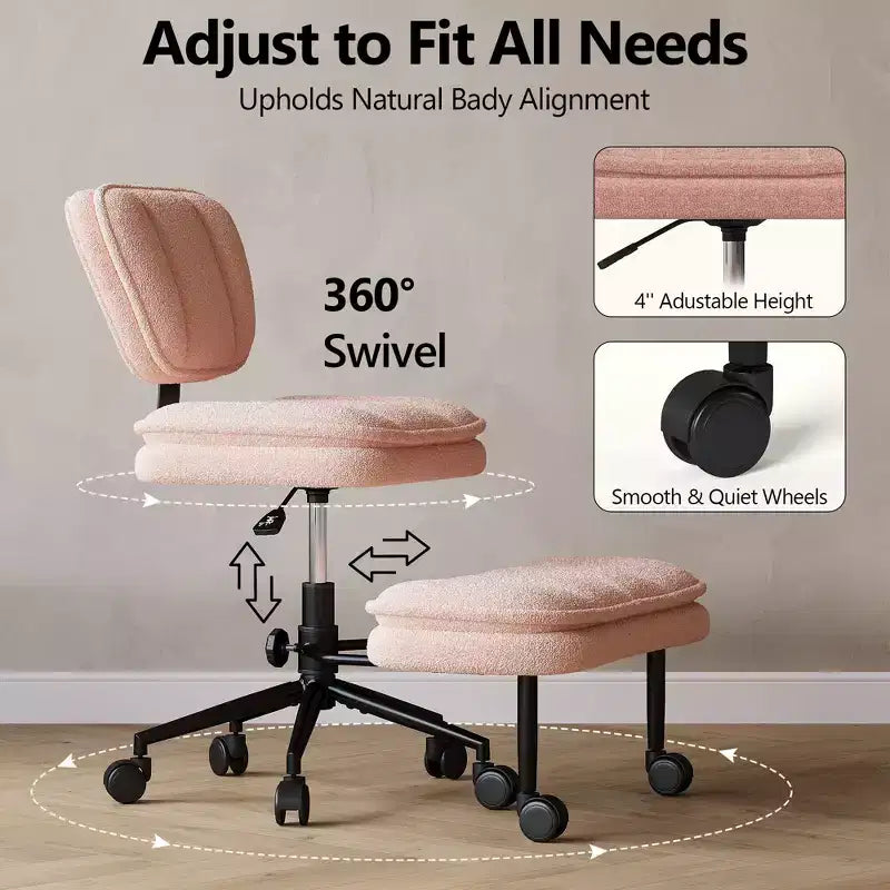 Chaise de bureau jambes croisées avec pouf, chaise de méditation pivotante sans accoudoirs, chaise large criss-cross pour bureau à domicile et coiffeuse