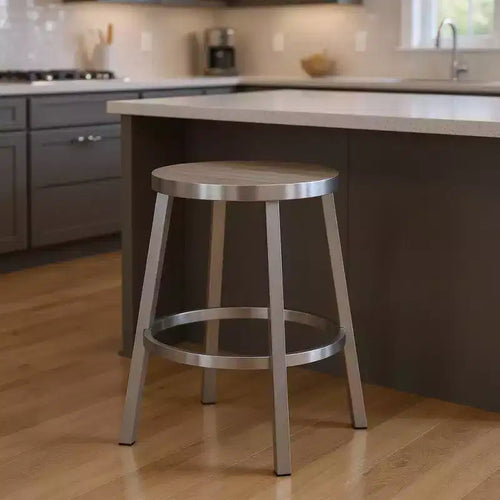 Chaise de bar pivotante à dossier bas, hauteur comptoir, en similicuir gris et argenté et fer, lot de 26