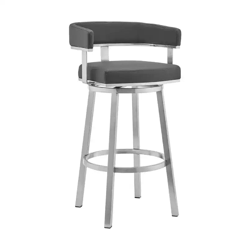 Chaise de bar pivotante à dossier bas, hauteur comptoir, en similicuir gris et argenté et fer, lot de 26