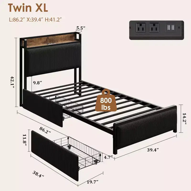 Cadre de lit plateforme Twin XL avec tête de lit de rangement, tiroirs et ports USB, lit rembourré en velours côtelé, aucun sommier tapissier requis