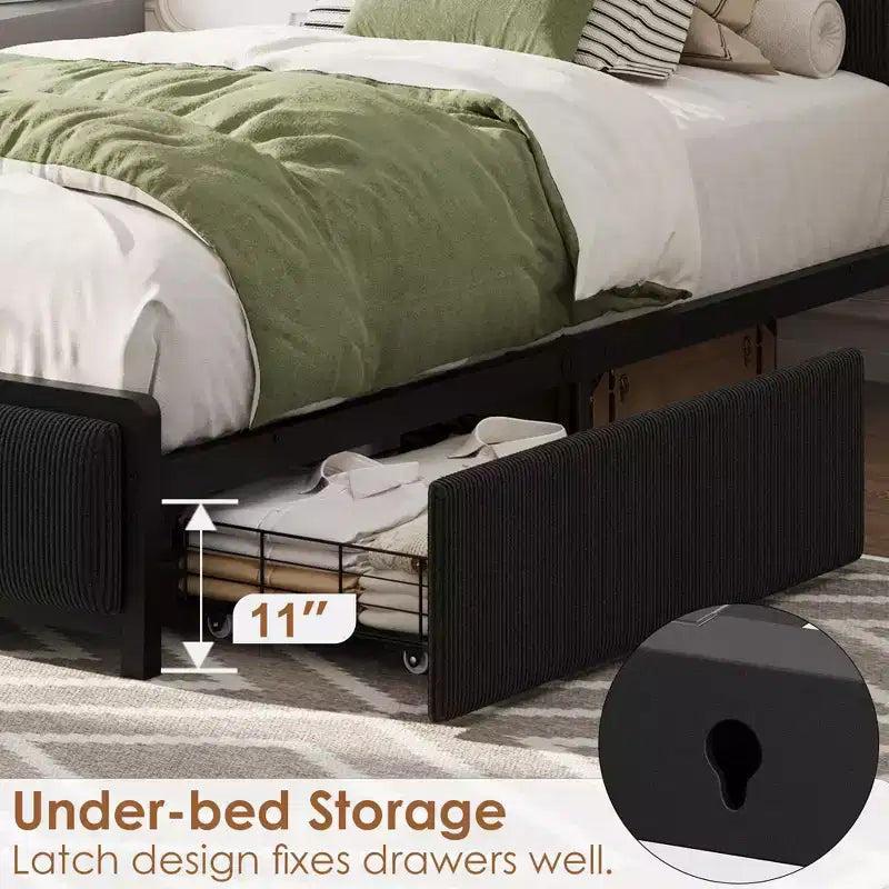 Cadre de lit plateforme Twin XL avec tête de lit de rangement, tiroirs et ports USB, lit rembourré en velours côtelé, aucun sommier tapissier requis