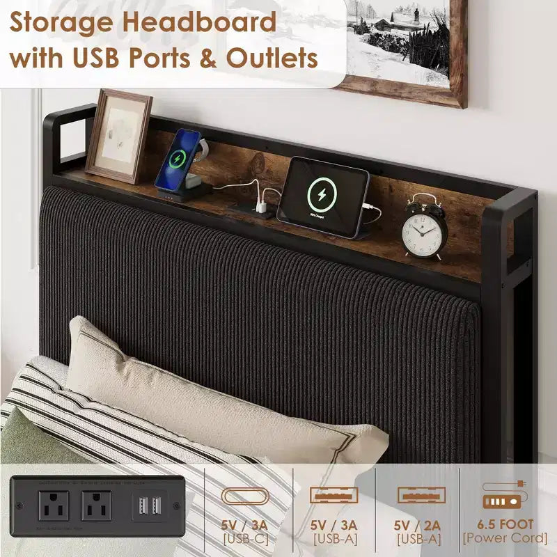 Cadre de lit plateforme Twin XL avec tête de lit de rangement, tiroirs et ports USB, lit rembourré en velours côtelé, aucun sommier tapissier requis