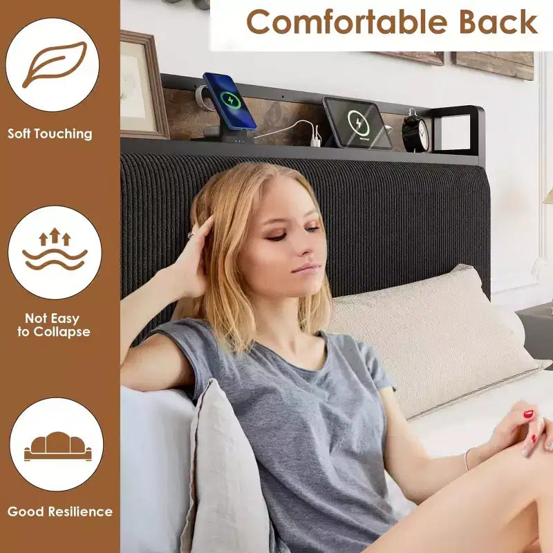 Cadre de lit plateforme Twin XL avec tête de lit de rangement, tiroirs et ports USB, lit rembourré en velours côtelé, aucun sommier tapissier requis