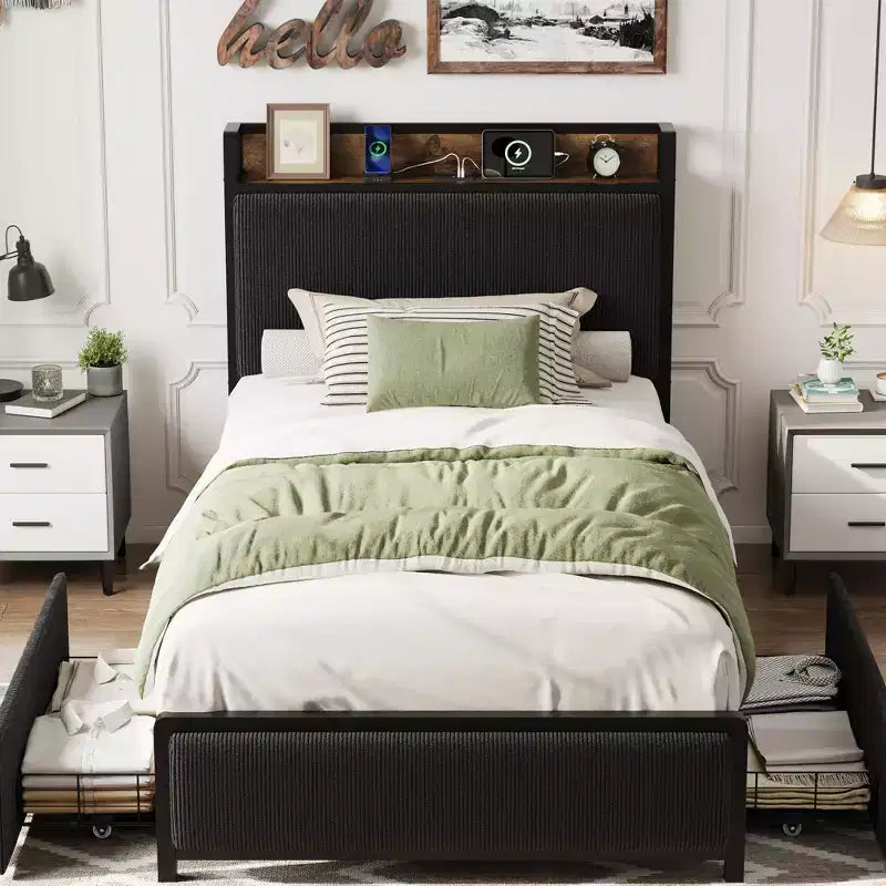 Cadre de lit plateforme Twin XL avec tête de lit de rangement, tiroirs et ports USB, lit rembourré en velours côtelé, aucun sommier tapissier requis