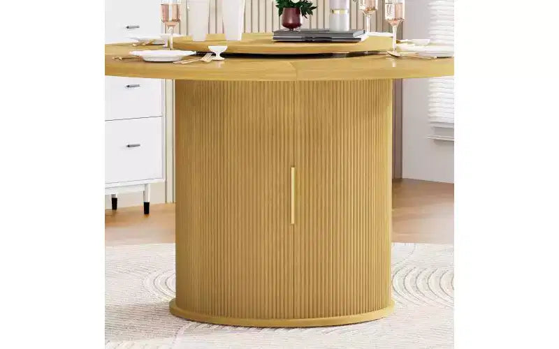 Table à manger ronde de 55 pouces pour six personnes, avec étagère de rangement à double niveau et plateau tournant. Motif à rayures ondulées. Bois naturel
