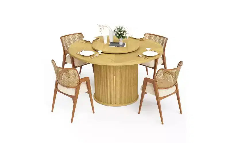 Table à manger ronde de 55 pouces pour six personnes, avec étagère de rangement à double niveau et plateau tournant. Motif à rayures ondulées. Bois naturel