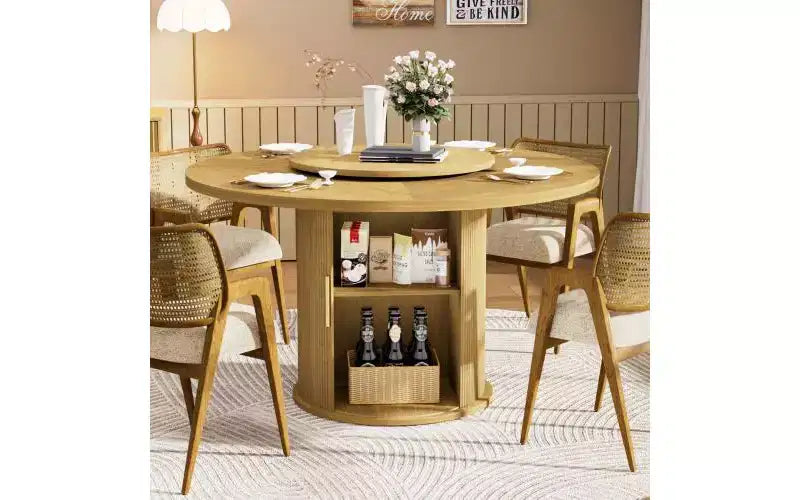 Table à manger ronde de 55 pouces pour six personnes, avec étagère de rangement à double niveau et plateau tournant. Motif à rayures ondulées. Bois naturel